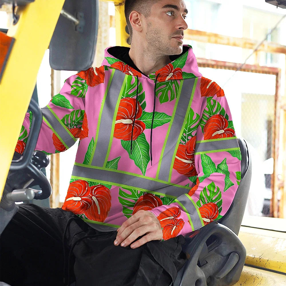 Hi Vis Hoodie Reflective Tapes Pink Neon Red Anthurium Custom Name Safety Workwear For Workers, Truckers, Operators