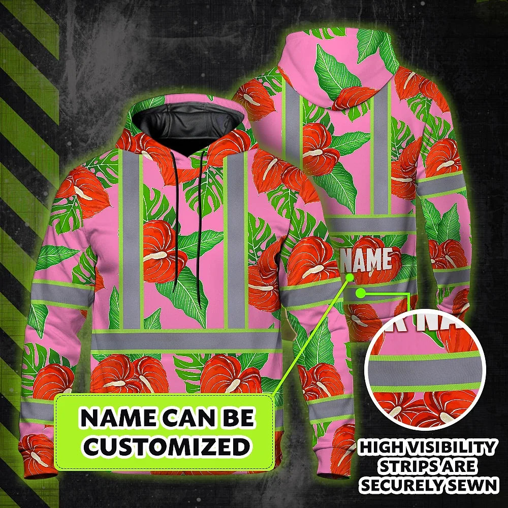 Hi Vis Hoodie Reflective Tapes Pink Neon Red Anthurium Custom Name Safety Workwear For Workers, Truckers, Operators