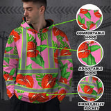 Hi Vis Hoodie Reflective Tapes Pink Neon Red Anthurium Custom Name Safety Workwear For Workers, Truckers, Operators