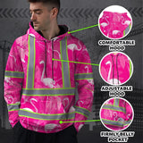 Hi Vis Hoodie Reflective Tapes Pink Neon White Flamingo Custom Name Safety Workwear For Workers, Truckers, Operators