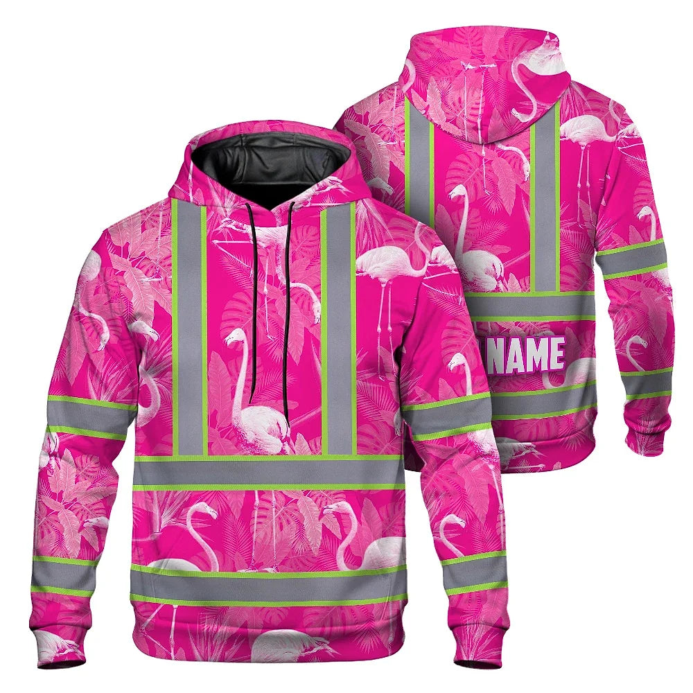 Hi Vis Hoodie Reflective Tapes Pink Neon White Flamingo Custom Name Safety Workwear For Workers, Truckers, Operators