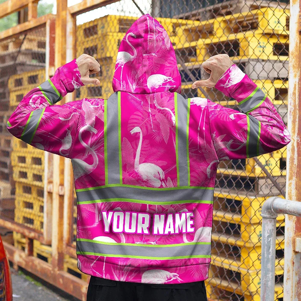 Hi Vis Hoodie Reflective Tapes Pink Neon White Flamingo Custom Name Safety Workwear For Workers, Truckers, Operators