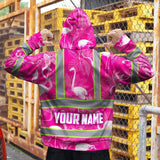 Hi Vis Hoodie Reflective Tapes Pink Neon White Flamingo Custom Name Safety Workwear For Workers, Truckers, Operators