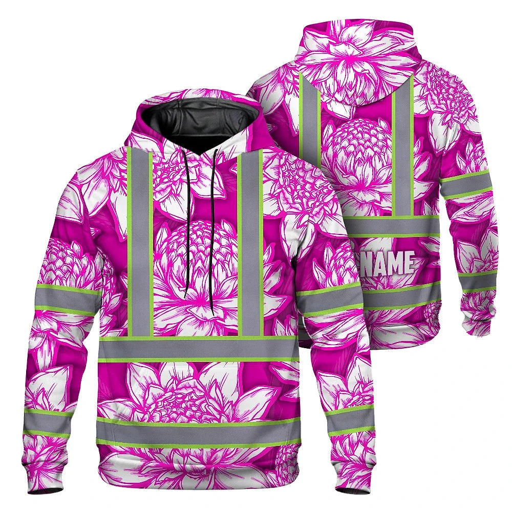 Hi Vis Hoodie Reflective Tapes Pink Neon White Protea Custom Name Safety Workwear For Workers, Truckers, Operators