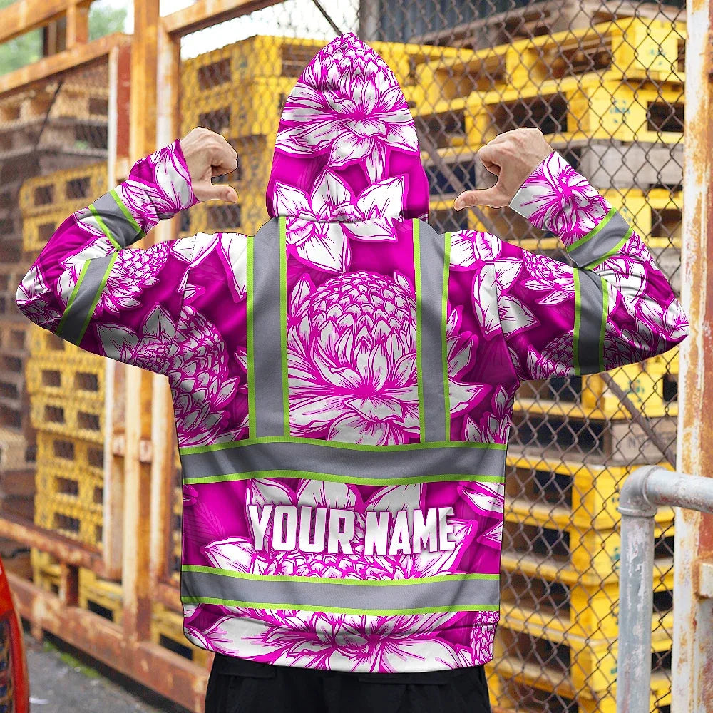 Hi Vis Hoodie Reflective Tapes Pink Neon White Protea Custom Name Safety Workwear For Workers, Truckers, Operators
