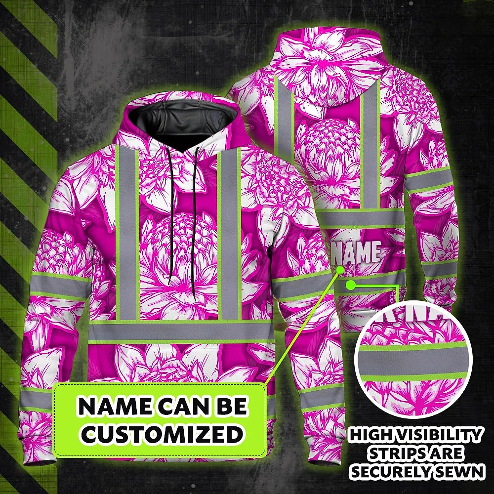 Hi Vis Hoodie Reflective Tapes Pink Neon White Protea Custom Name Safety Workwear For Workers, Truckers, Operators