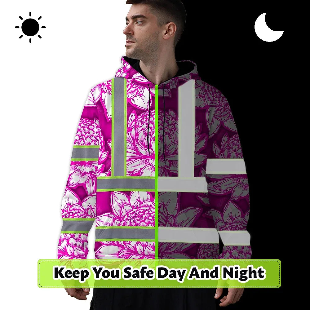 Hi Vis Hoodie Reflective Tapes Pink Neon White Protea Custom Name Safety Workwear For Workers, Truckers, Operators