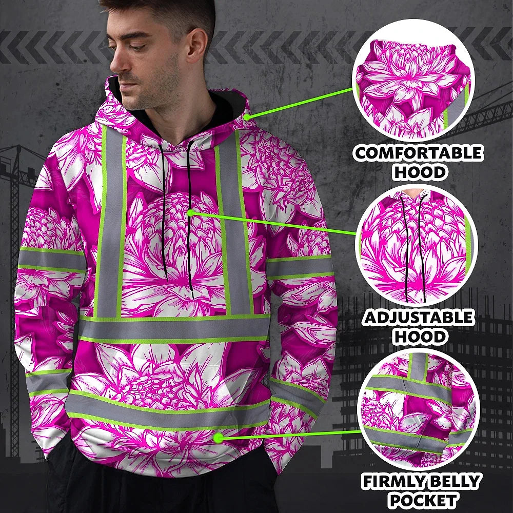 Hi Vis Hoodie Reflective Tapes Pink Neon White Protea Custom Name Safety Workwear For Workers, Truckers, Operators
