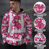Hi Vis Hoodie Reflective Tapes Pink Violet Flowers Custom Name Safety Workwear For Workers, Truckers, Operators