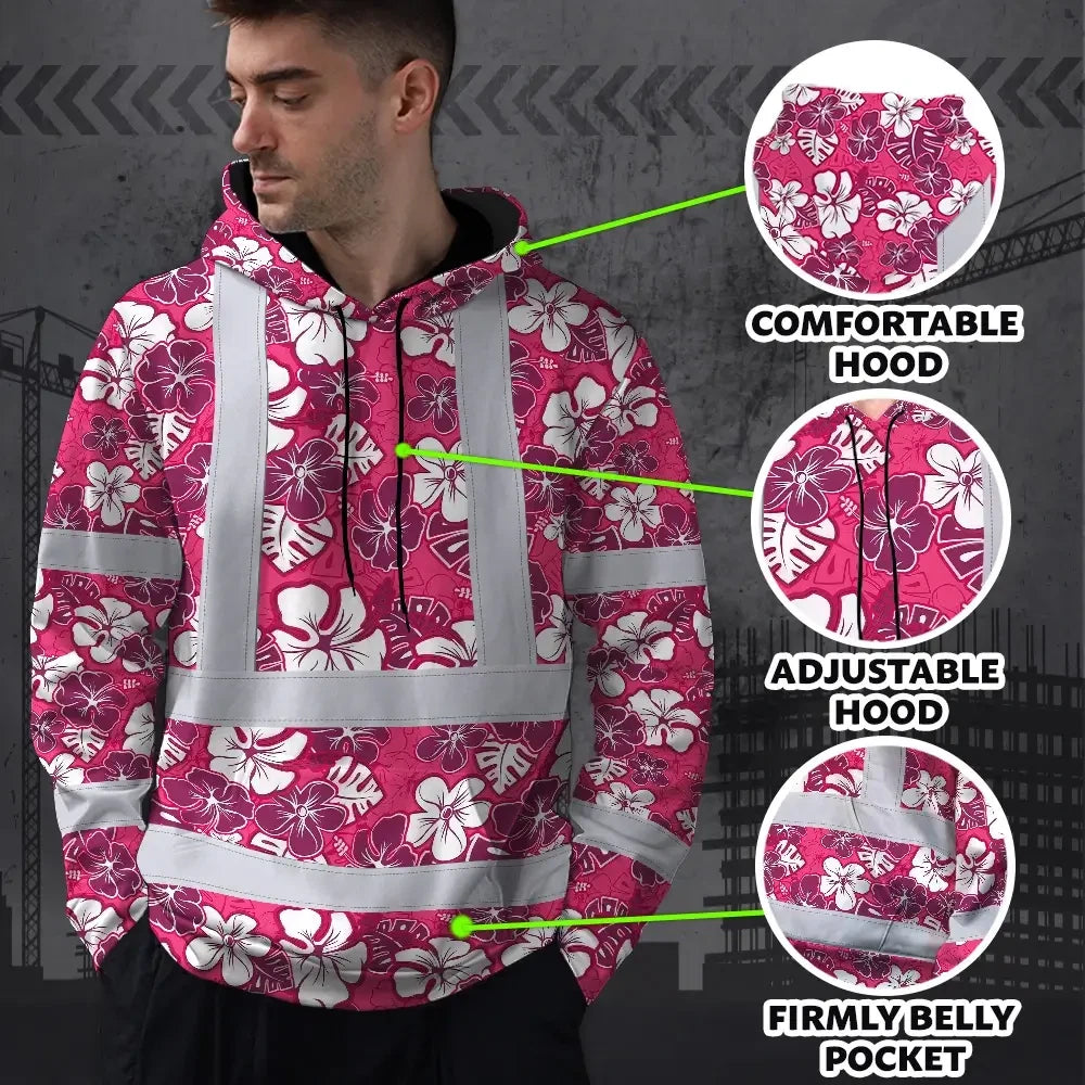 Hi Vis Hoodie Reflective Tapes Pink Violet Flowers Custom Name Safety Workwear For Workers, Truckers, Operators
