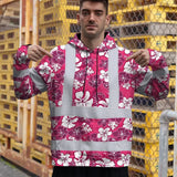 Hi Vis Hoodie Reflective Tapes Pink Violet Flowers Custom Name Safety Workwear For Workers, Truckers, Operators