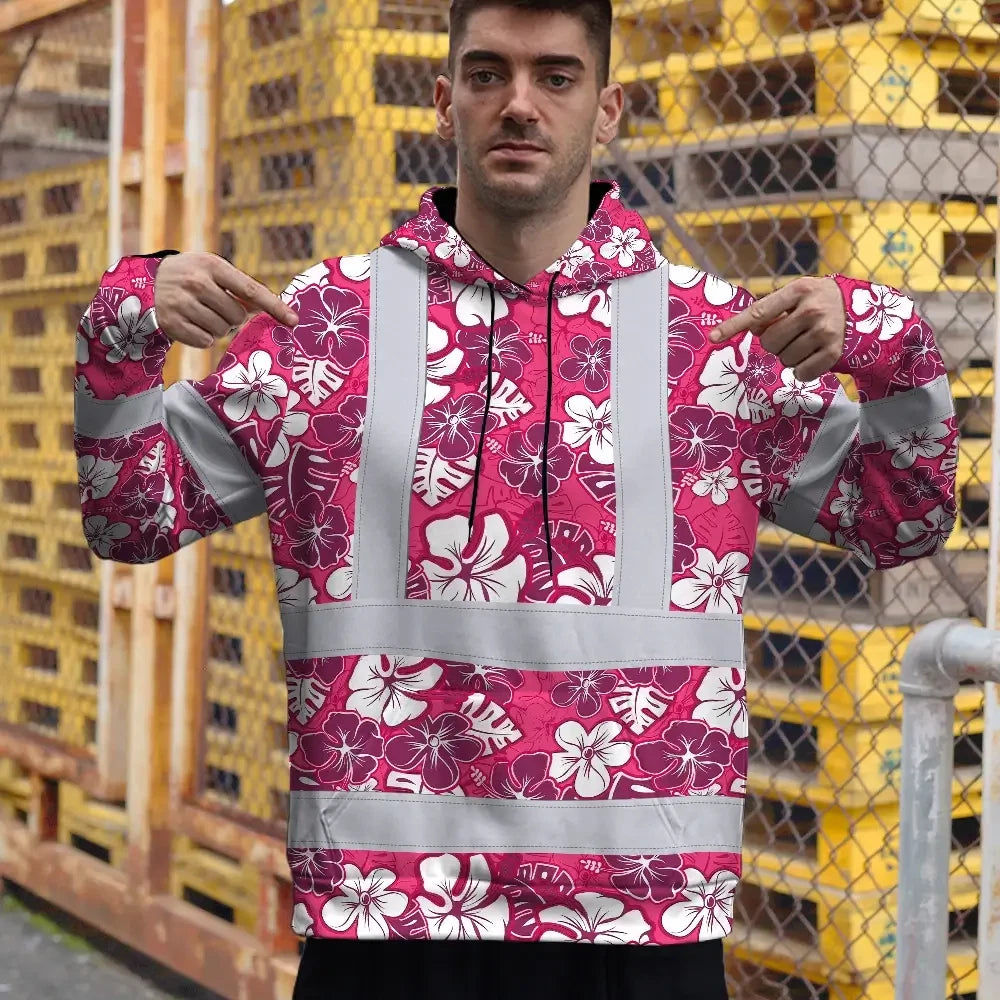 Hi Vis Hoodie Reflective Tapes Pink Violet Flowers Custom Name Safety Workwear For Workers, Truckers, Operators