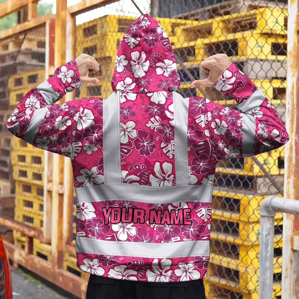 Hi Vis Hoodie Reflective Tapes Pink Violet Flowers Custom Name Safety Workwear For Workers, Truckers, Operators