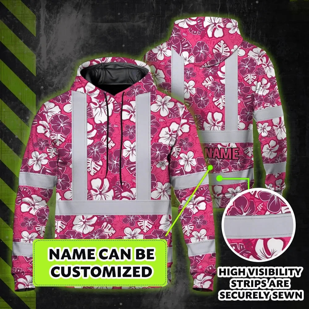 Hi Vis Hoodie Reflective Tapes Pink Violet Flowers Custom Name Safety Workwear For Workers, Truckers, Operators