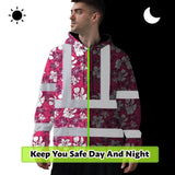 Hi Vis Hoodie Reflective Tapes Pink Violet Flowers Custom Name Safety Workwear For Workers, Truckers, Operators