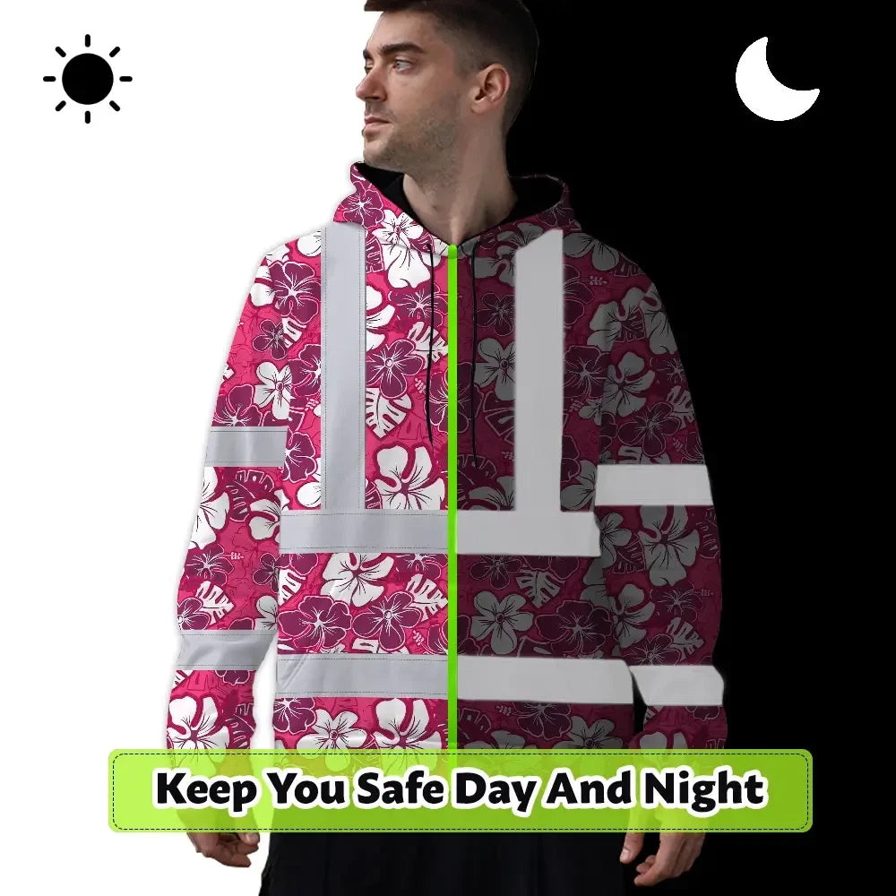 Hi Vis Hoodie Reflective Tapes Pink Violet Flowers Custom Name Safety Workwear For Workers, Truckers, Operators