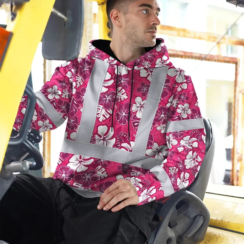 Hi Vis Hoodie Reflective Tapes Pink Violet Flowers Custom Name Safety Workwear For Workers, Truckers, Operators