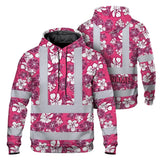 Hi Vis Hoodie Reflective Tapes Pink Violet Flowers Custom Name Safety Workwear For Workers, Truckers, Operators