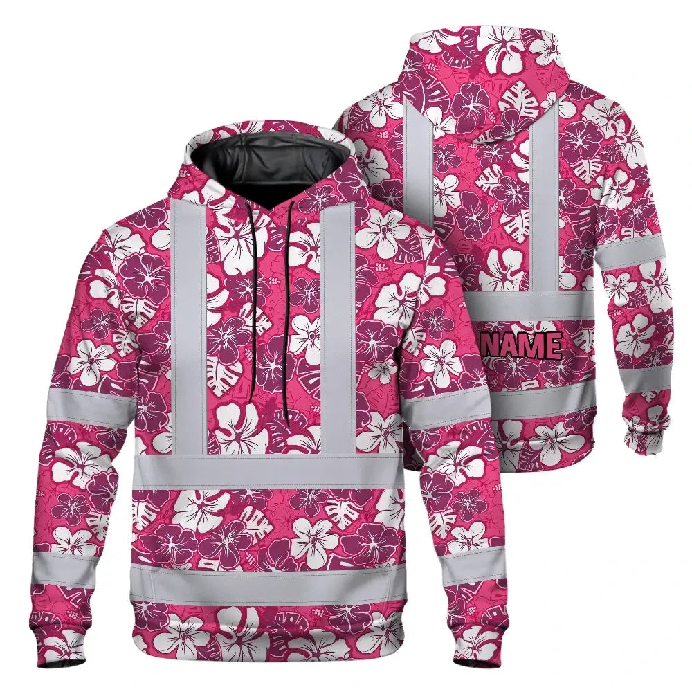 Hi Vis Hoodie Reflective Tapes Pink Violet Flowers Custom Name Safety Workwear For Workers, Truckers, Operators