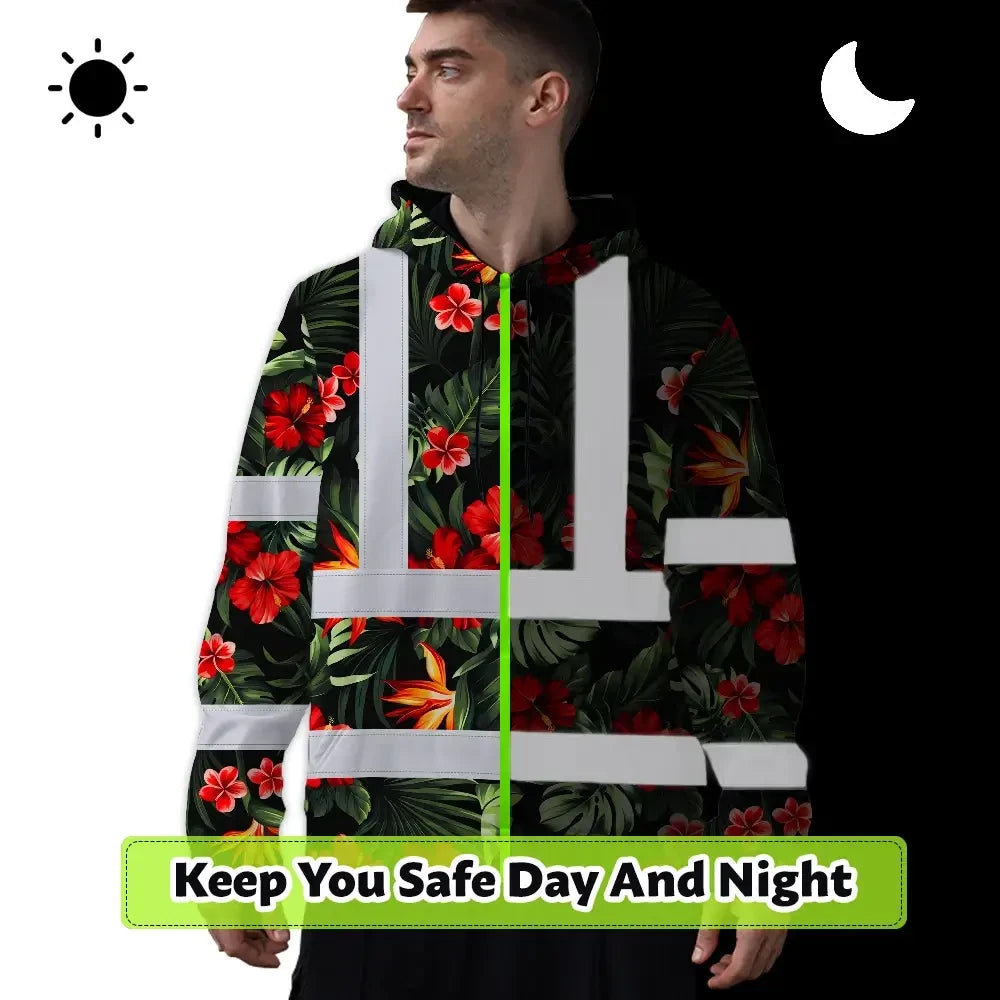 Hi Vis Hoodie Reflective Tapes Red Neon Flowers Custom Name Safety Workwear For Workers, Truckers, Operators