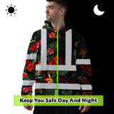 Hi Vis Hoodie Reflective Tapes Red Neon Flowers Custom Name Safety Workwear For Workers, Truckers, Operators
