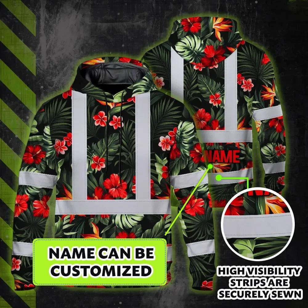 Hi Vis Hoodie Reflective Tapes Red Neon Flowers Custom Name Safety Workwear For Workers, Truckers, Operators