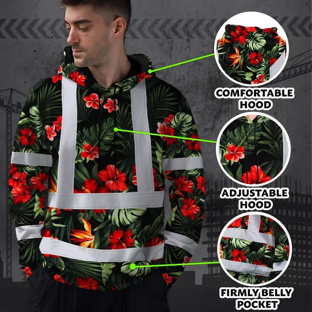 Hi Vis Hoodie Reflective Tapes Red Neon Flowers Custom Name Safety Workwear For Workers, Truckers, Operators