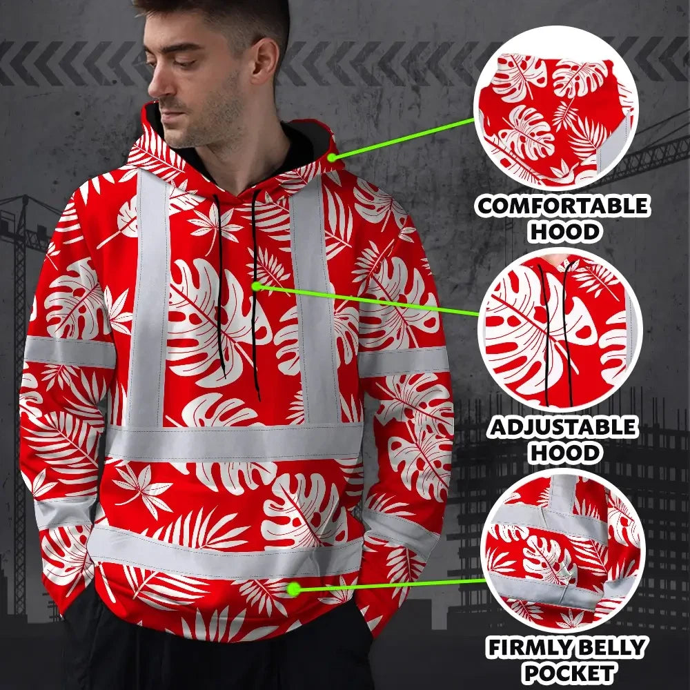 Hi Vis Hoodie Reflective Tapes Red Neon Flowers Custom Name Safety Workwear For Workers, Truckers, Operators