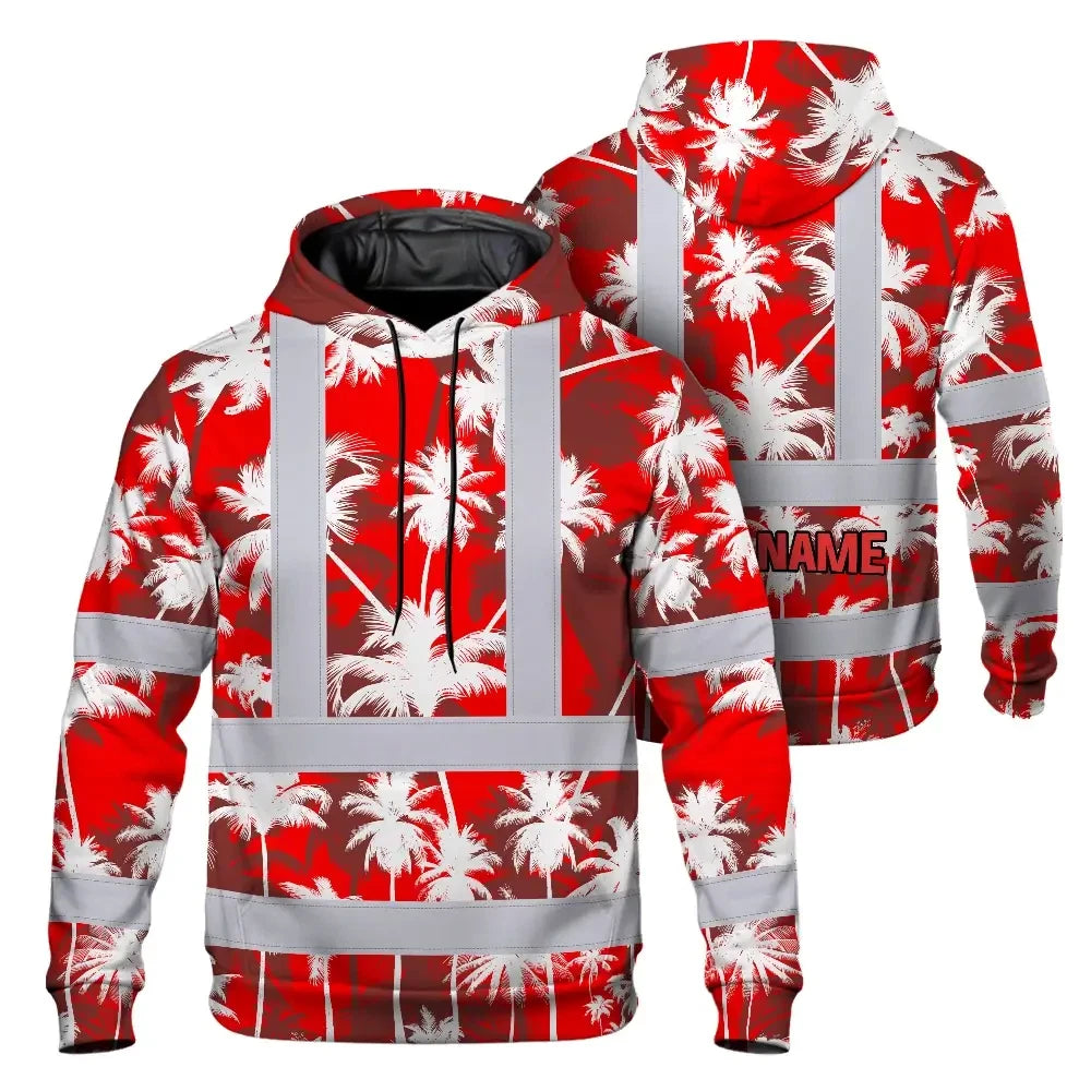 Hi Vis Hoodie Reflective Tapes Red Neon Flowers Custom Name Safety Workwear For Workers, Truckers, Operators