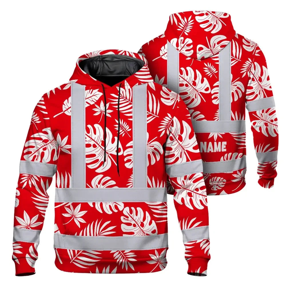 Hi Vis Hoodie Reflective Tapes Red Neon Flowers Custom Name Safety Workwear For Workers, Truckers, Operators