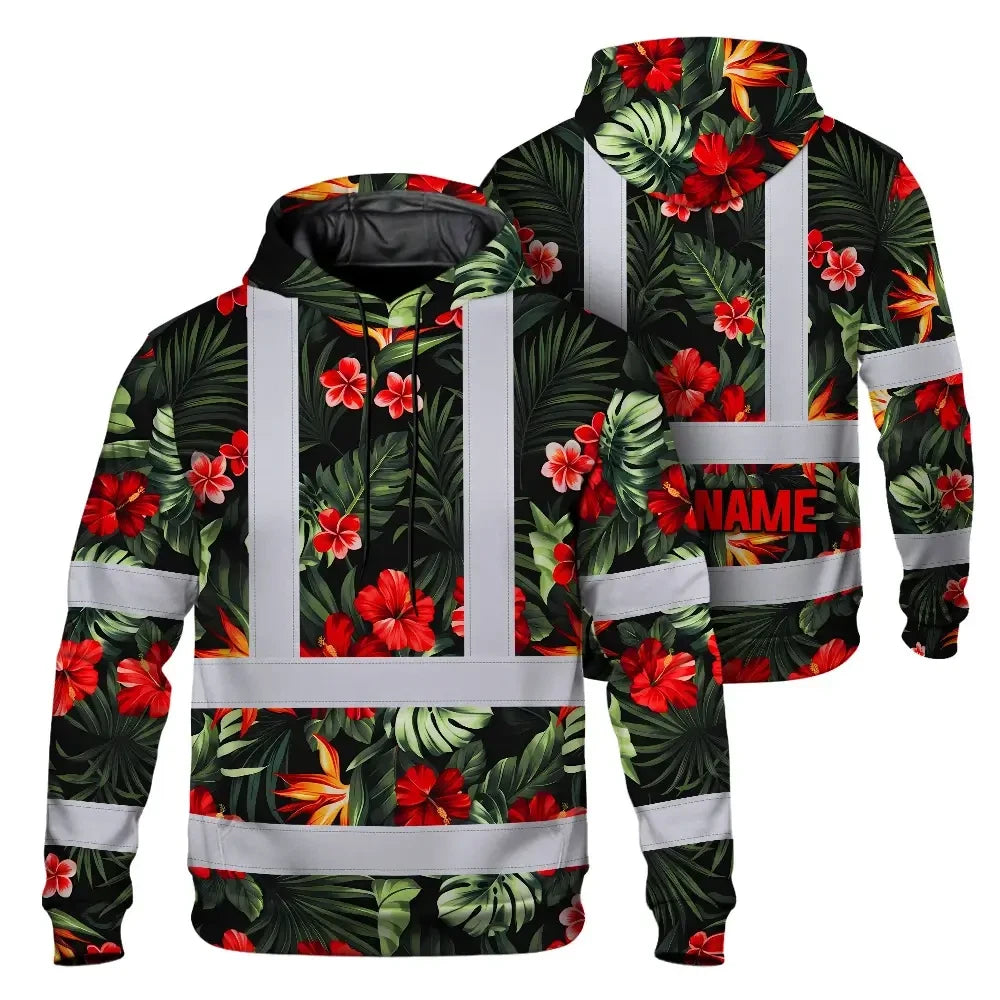 Hi Vis Hoodie Reflective Tapes Red Neon Flowers Custom Name Safety Workwear For Workers, Truckers, Operators