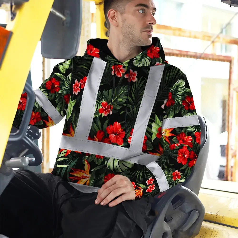 Hi Vis Hoodie Reflective Tapes Red Neon Flowers Custom Name Safety Workwear For Workers, Truckers, Operators