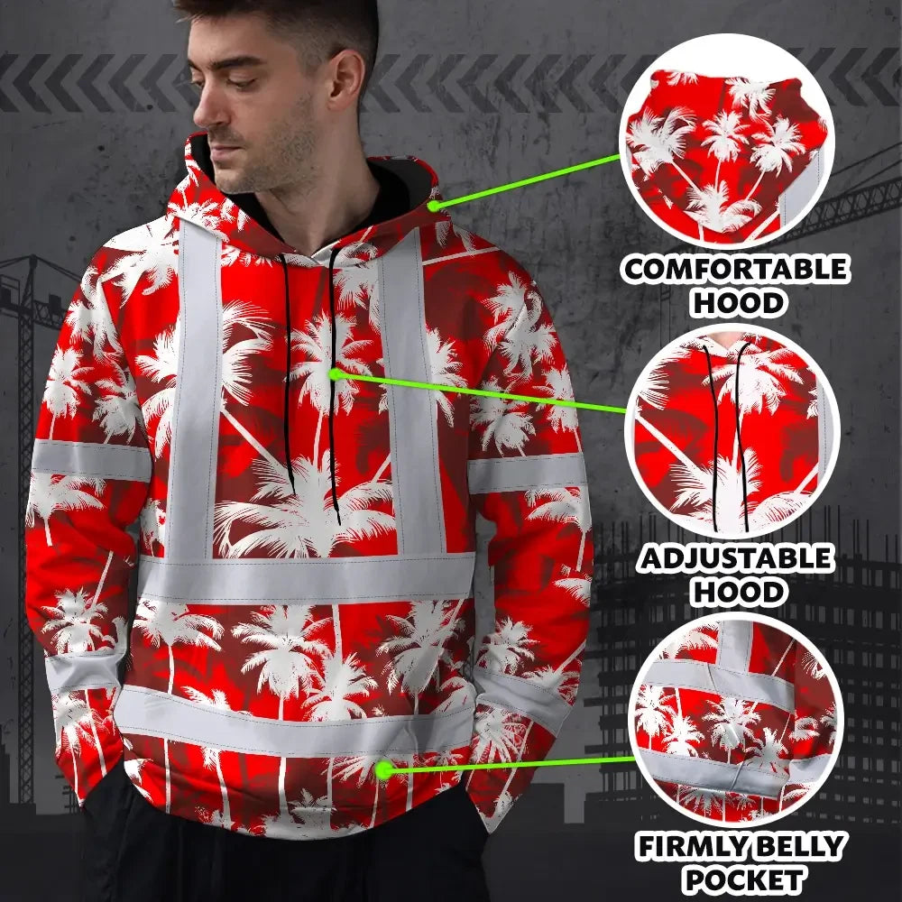 Hi Vis Hoodie Reflective Tapes Red Neon Flowers Custom Name Safety Workwear For Workers, Truckers, Operators