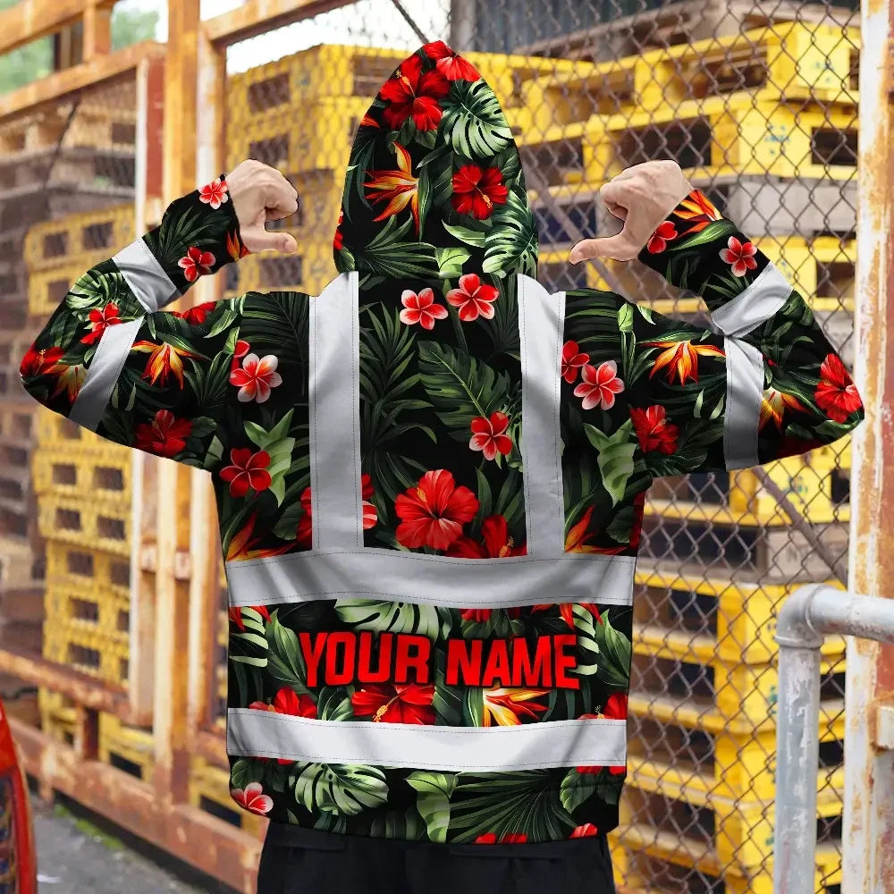 Hi Vis Hoodie Reflective Tapes Red Neon Flowers Custom Name Safety Workwear For Workers, Truckers, Operators