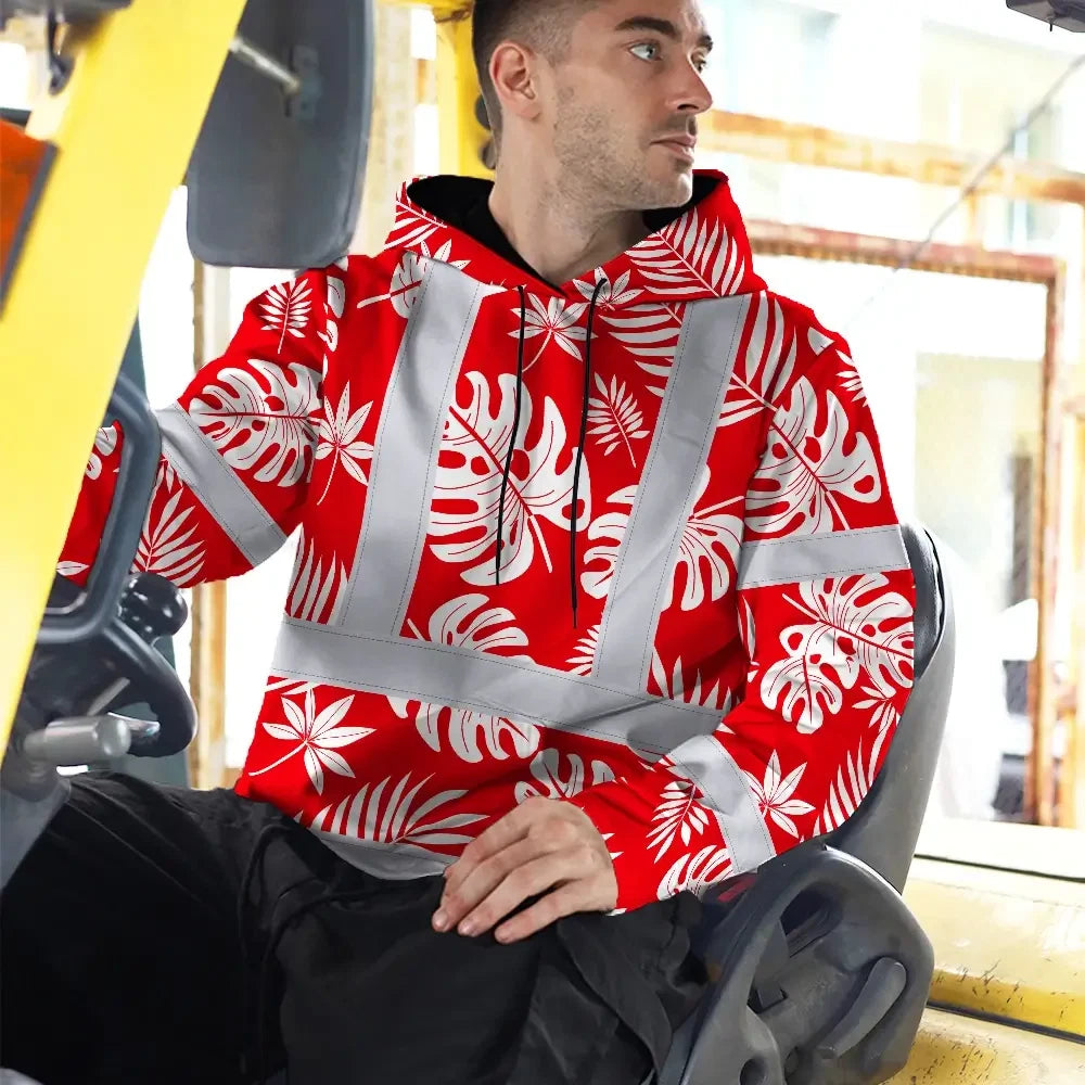 Hi Vis Hoodie Reflective Tapes Red Neon Flowers Custom Name Safety Workwear For Workers, Truckers, Operators