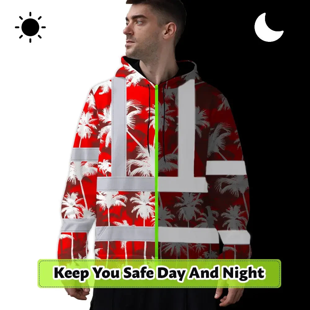 Hi Vis Hoodie Reflective Tapes Red Neon Flowers Custom Name Safety Workwear For Workers, Truckers, Operators