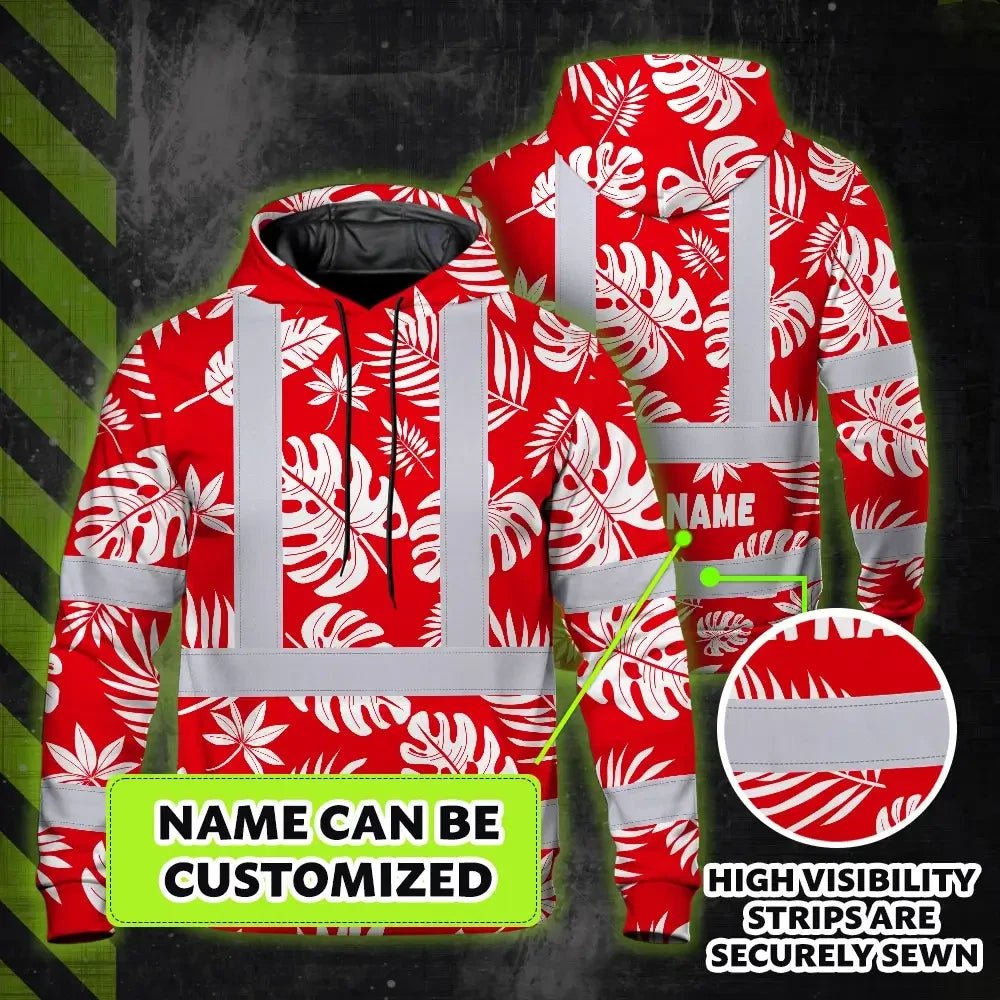Hi Vis Hoodie Reflective Tapes Red Neon Flowers Custom Name Safety Workwear For Workers, Truckers, Operators