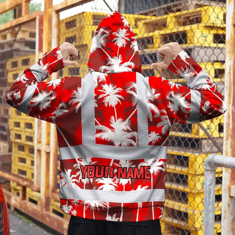 Hi Vis Hoodie Reflective Tapes Red Neon Flowers Custom Name Safety Workwear For Workers, Truckers, Operators