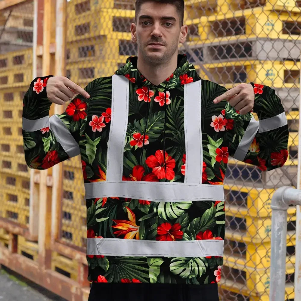Hi Vis Hoodie Reflective Tapes Red Neon Flowers Custom Name Safety Workwear For Workers, Truckers, Operators
