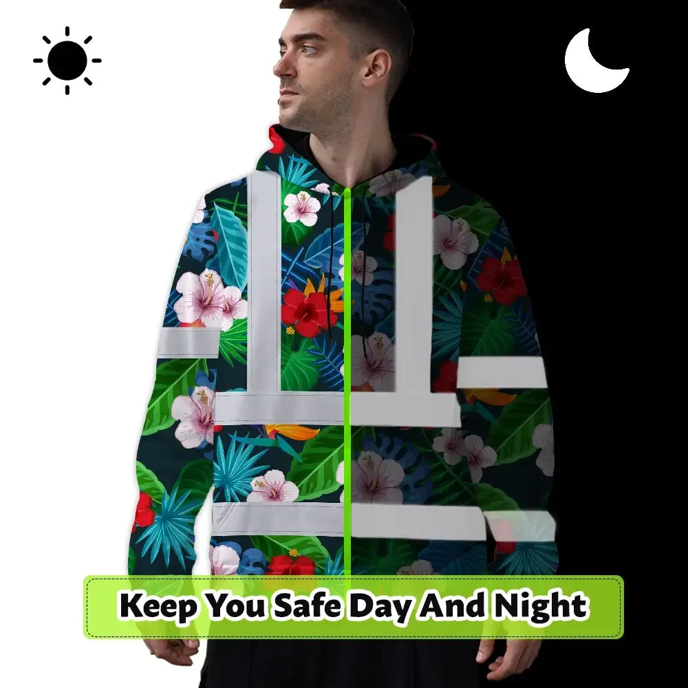 Hi Vis Hoodie Reflective Tapes Red Neon Pink Flowers Custom Name Safety Workwear For Workers, Truckers, Operators