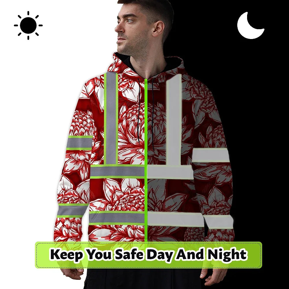 Hi Vis Hoodie Reflective Tapes Red Neon White Protea Custom Name Safety Workwear For Workers, Truckers, Operators