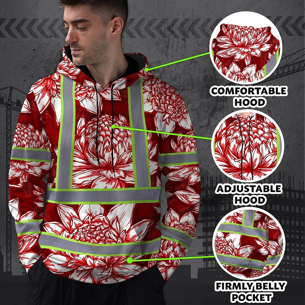 Hi Vis Hoodie Reflective Tapes Red Neon White Protea Custom Name Safety Workwear For Workers, Truckers, Operators