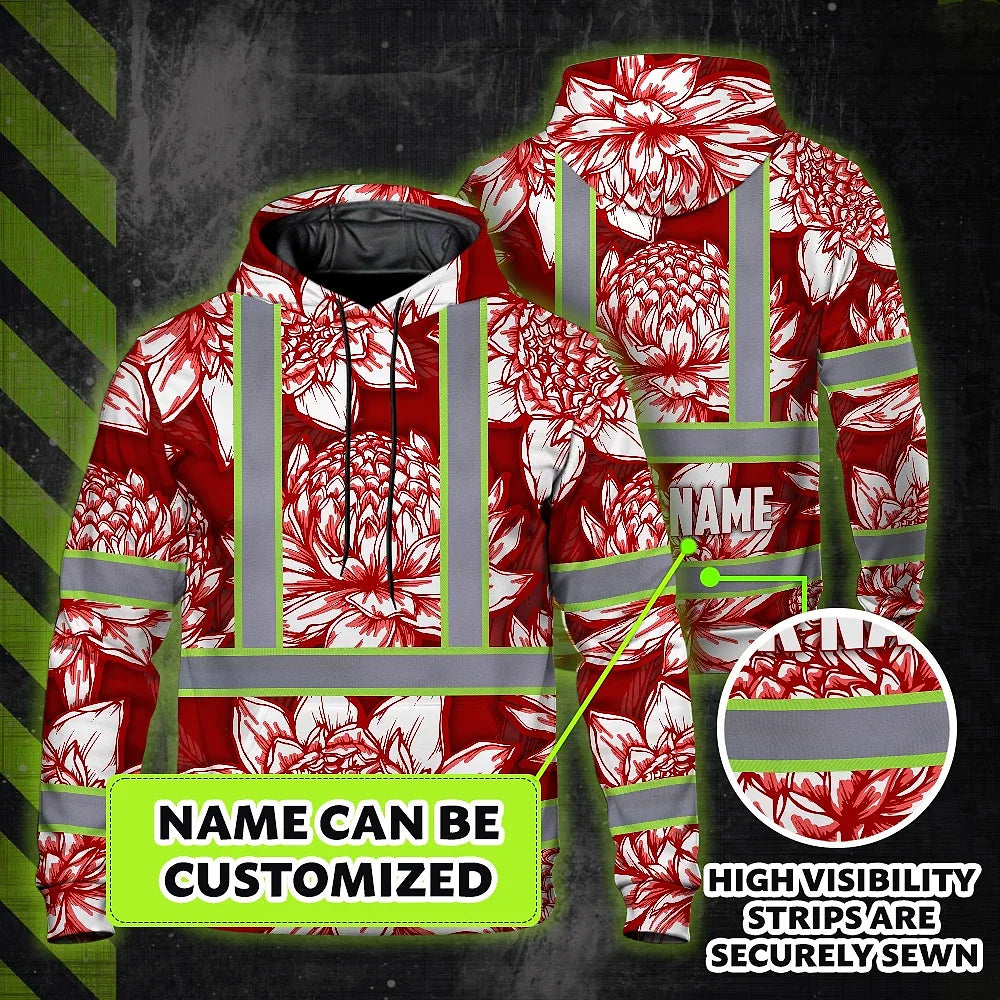 Hi Vis Hoodie Reflective Tapes Red Neon White Protea Custom Name Safety Workwear For Workers, Truckers, Operators