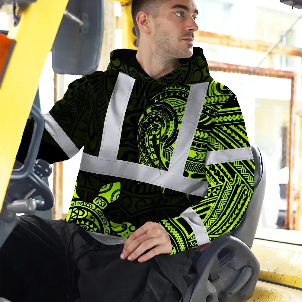 Hi Vis Hoodie Reflective Tapes Sea Turtle Hawaiian Polynesian Tribal Custom Name Safety Workwear For Workers, Truckers, Operators