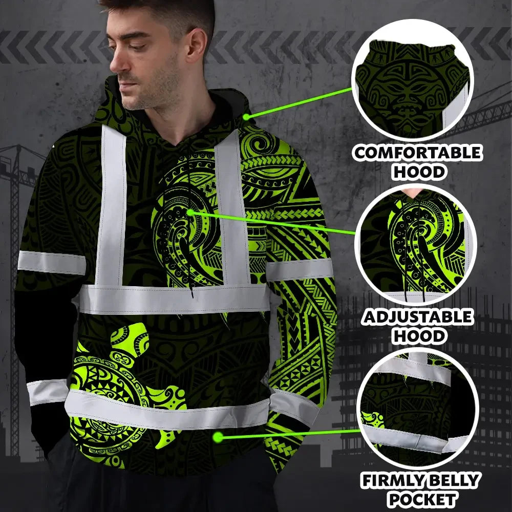 Hi Vis Hoodie Reflective Tapes Sea Turtle Hawaiian Polynesian Tribal Custom Name Safety Workwear For Workers, Truckers, Operators
