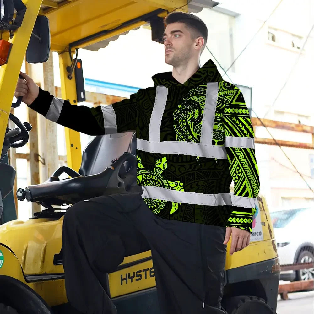 Hi Vis Hoodie Reflective Tapes Sea Turtle Hawaiian Polynesian Tribal Custom Name Safety Workwear For Workers, Truckers, Operators