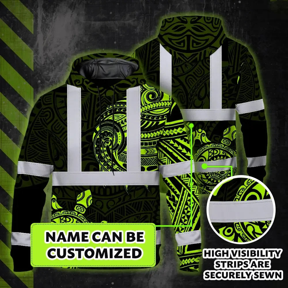 Hi Vis Hoodie Reflective Tapes Sea Turtle Hawaiian Polynesian Tribal Custom Name Safety Workwear For Workers, Truckers, Operators