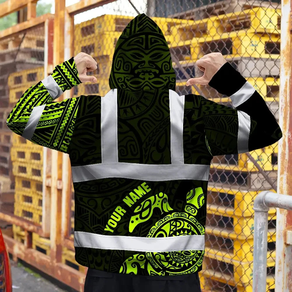 Hi Vis Hoodie Reflective Tapes Sea Turtle Hawaiian Polynesian Tribal Custom Name Safety Workwear For Workers, Truckers, Operators