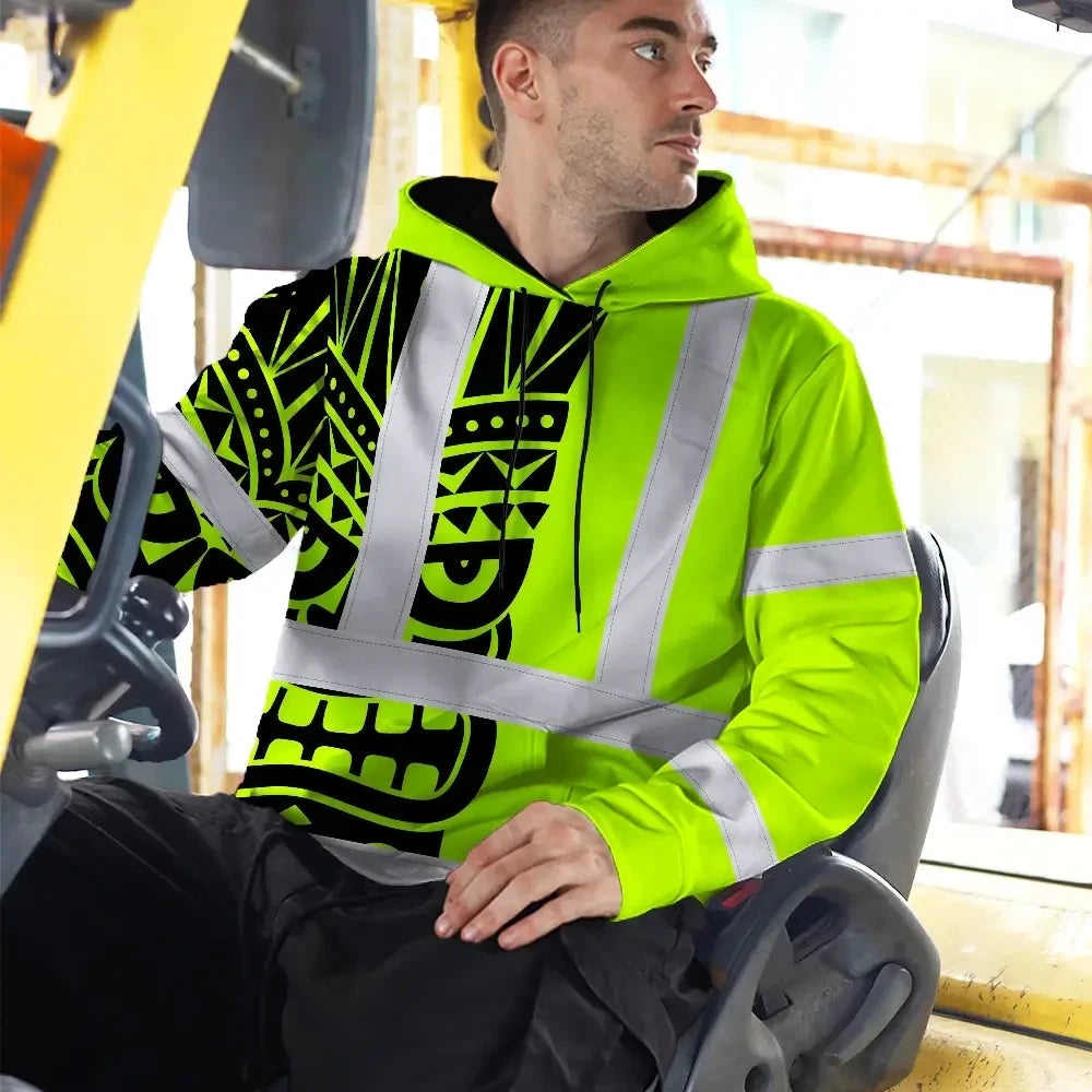 Hi Vis Hoodie Reflective Tapes TiKi Hawaiian Polynesian Tribal Custom Name Safety Workwear For Workers, Truckers, Operators