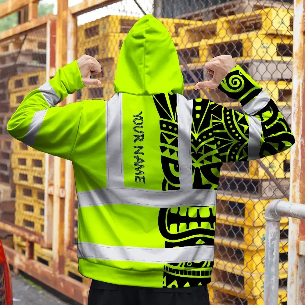 Hi Vis Hoodie Reflective Tapes TiKi Hawaiian Polynesian Tribal Custom Name Safety Workwear For Workers, Truckers, Operators